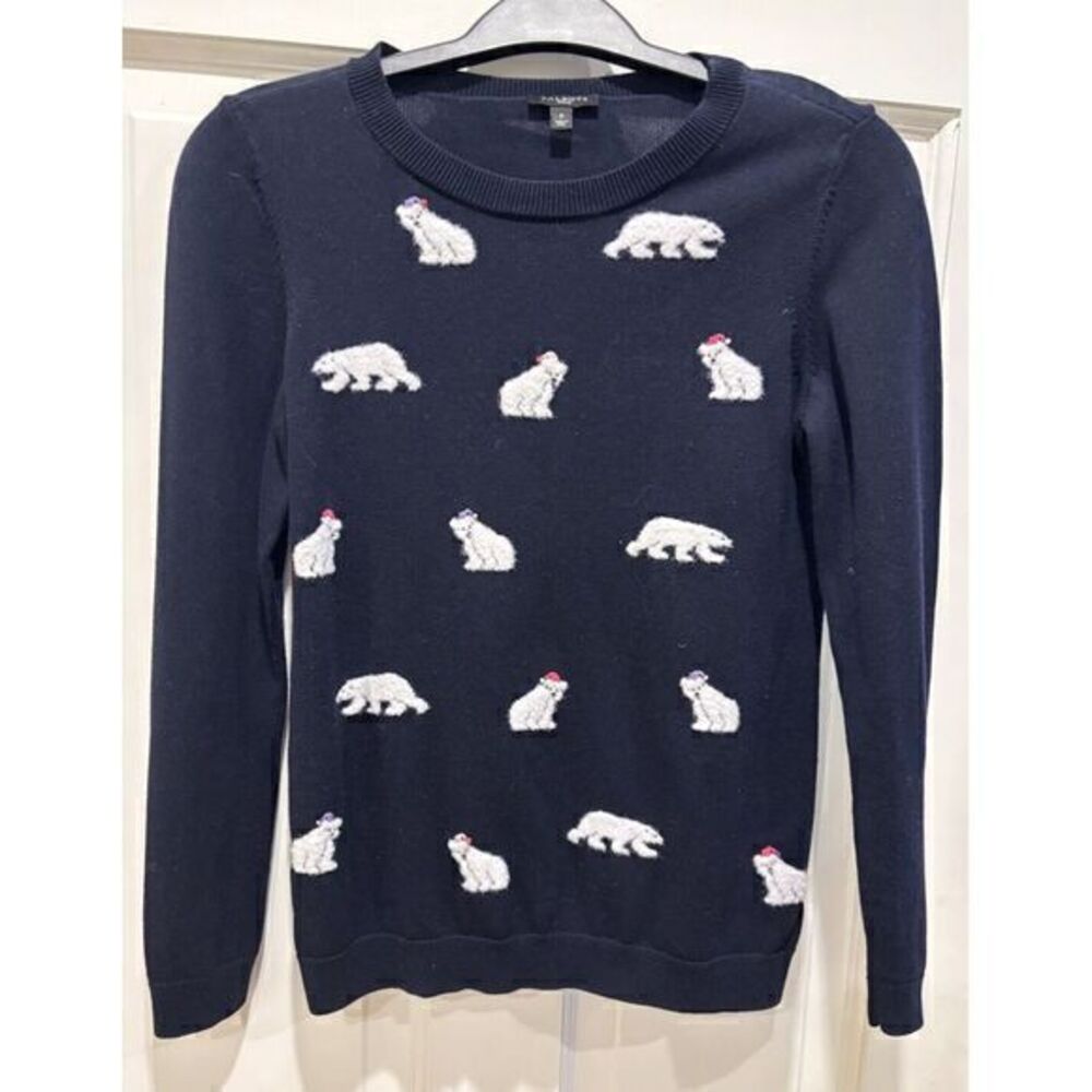 Talbots‎ Pullover Sweater-Navy Blue with Fuzzy Polar Bears-Petite
